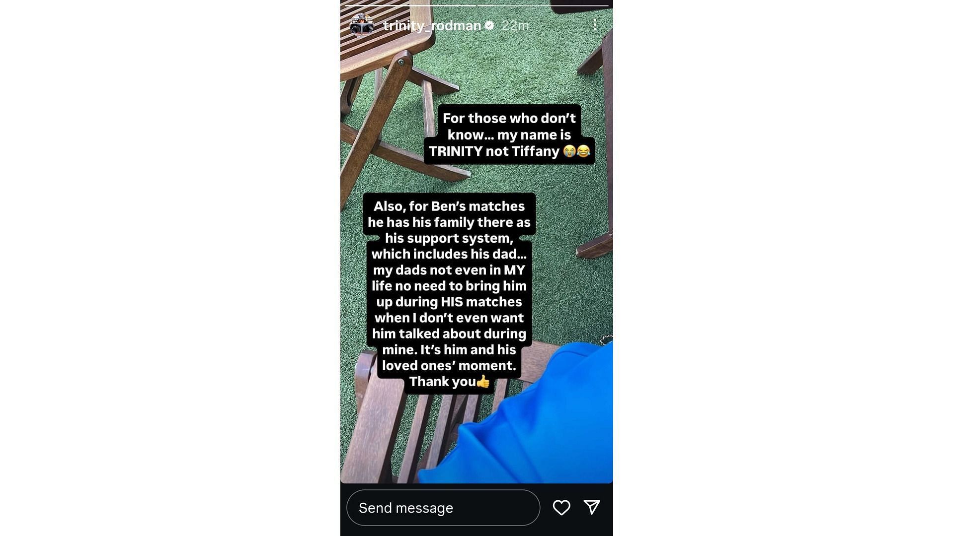 Screenshot of Shelton's girlfriend, Rodman's Instagram story (Image via: @trinity_rodman)